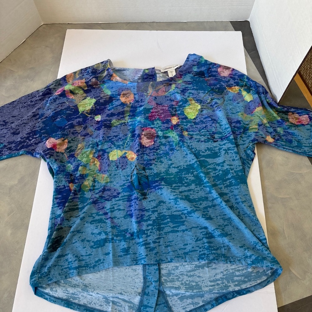 Coldwater Creek Woman's soft top, pastel with flowers, Size S, button in back